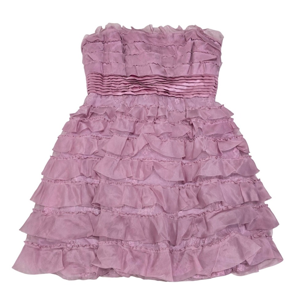 BCBGMAXAZRIA Light Plum Silk Ruffle Strapless Mini Dress SAN6L864 Size 8 - Picture 4 of 13